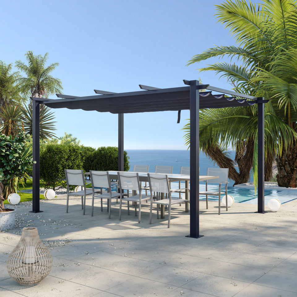 Tonnelle / Pergola aluminium, 3x4m, toile coulissante rétractable